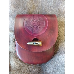 Pouch - Hand-Laced Antique Red Leather Belt Pouch (Celtic Cross Design)